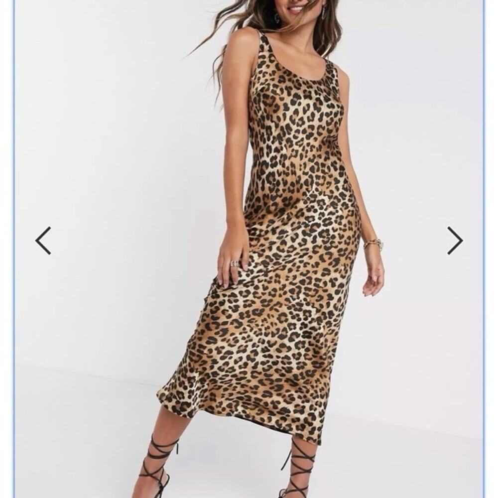 ASOS Design Scoop Neck Leopard Satin Midi Dress